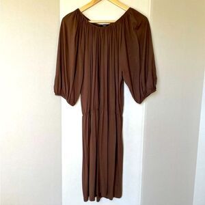 Talbots Petites Size Large Brown Peasant Sleeve Drop Waist Relaxed Fit Dress PL